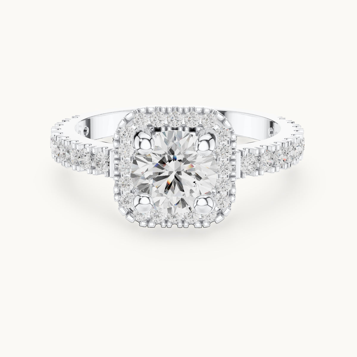 Round lab-grown diamond cushion halo engagement ring with pavé band in white gold, 1.484 CT TW, view 4