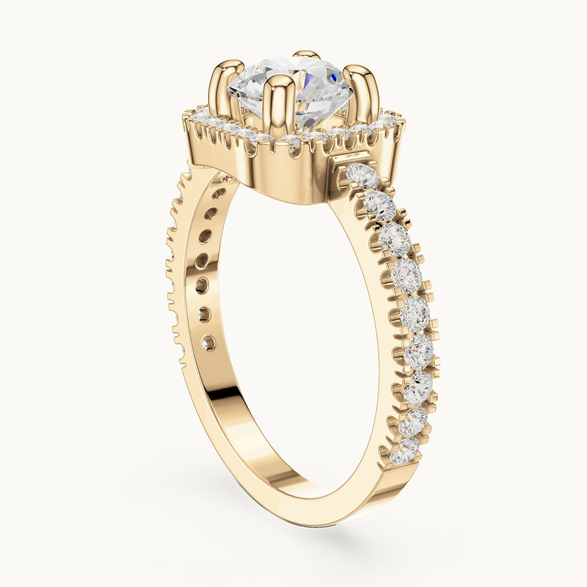Round lab-grown diamond cushion halo engagement ring with pavé band in yellow gold, 1.484 CT TW, view 1