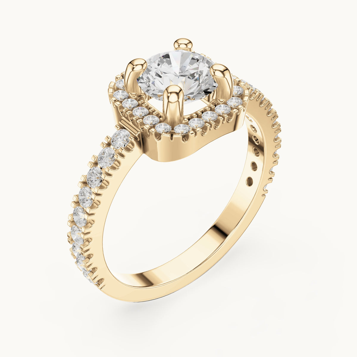 Round lab-grown diamond cushion halo engagement ring with pavé band in yellow gold, 1.484 CT TW, view 2