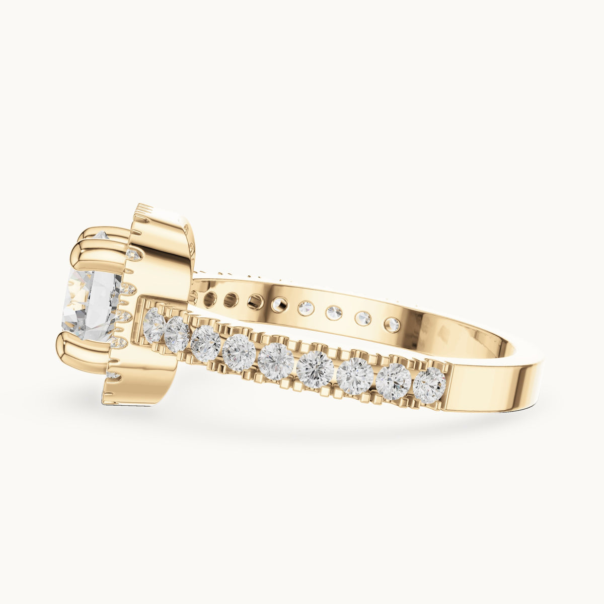Round lab-grown diamond cushion halo engagement ring with pavé band in yellow gold, 1.484 CT TW, view 3