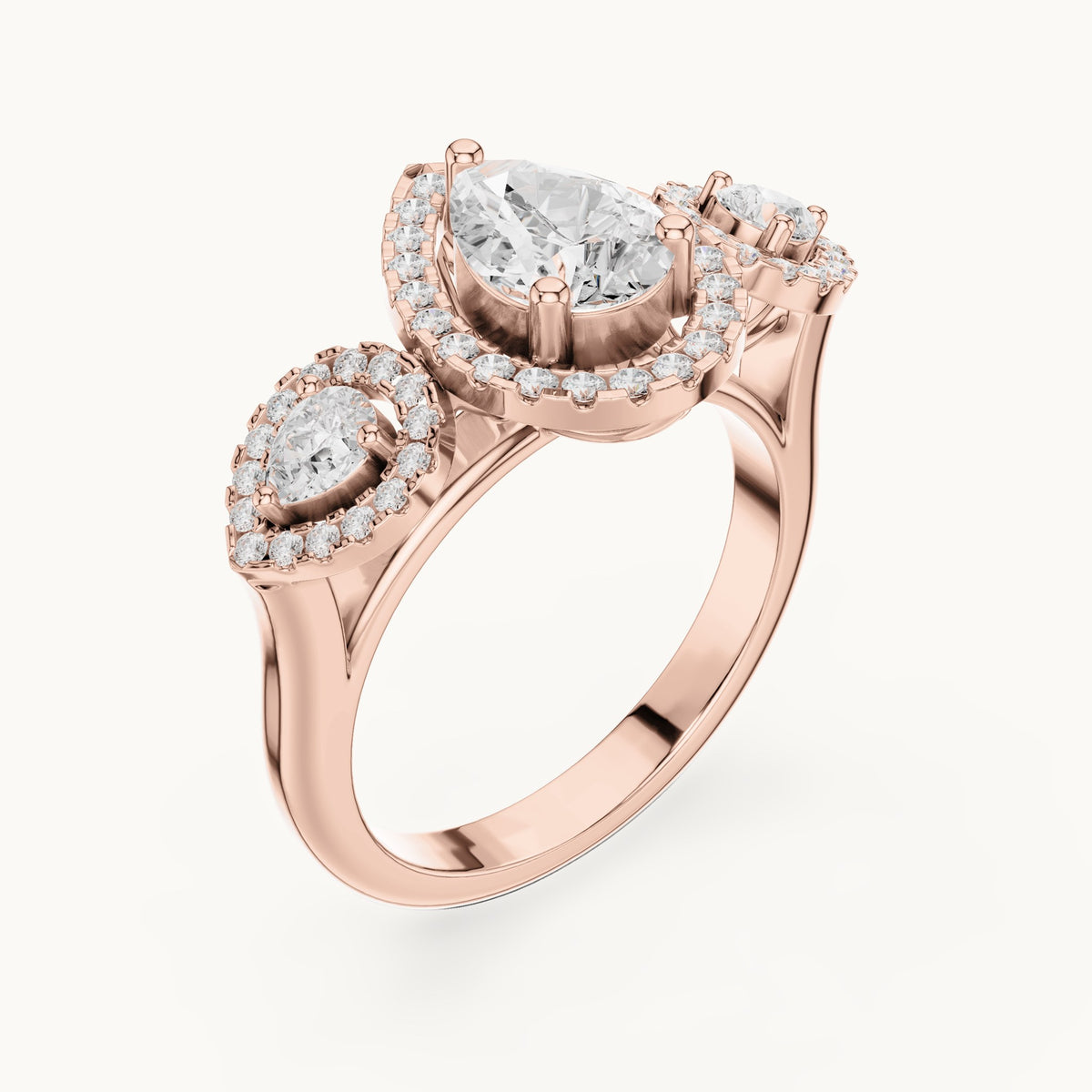 Pear and round lab-grown diamond halo three-stone engagement ring in rose gold, 3.096 CT TW, view 2