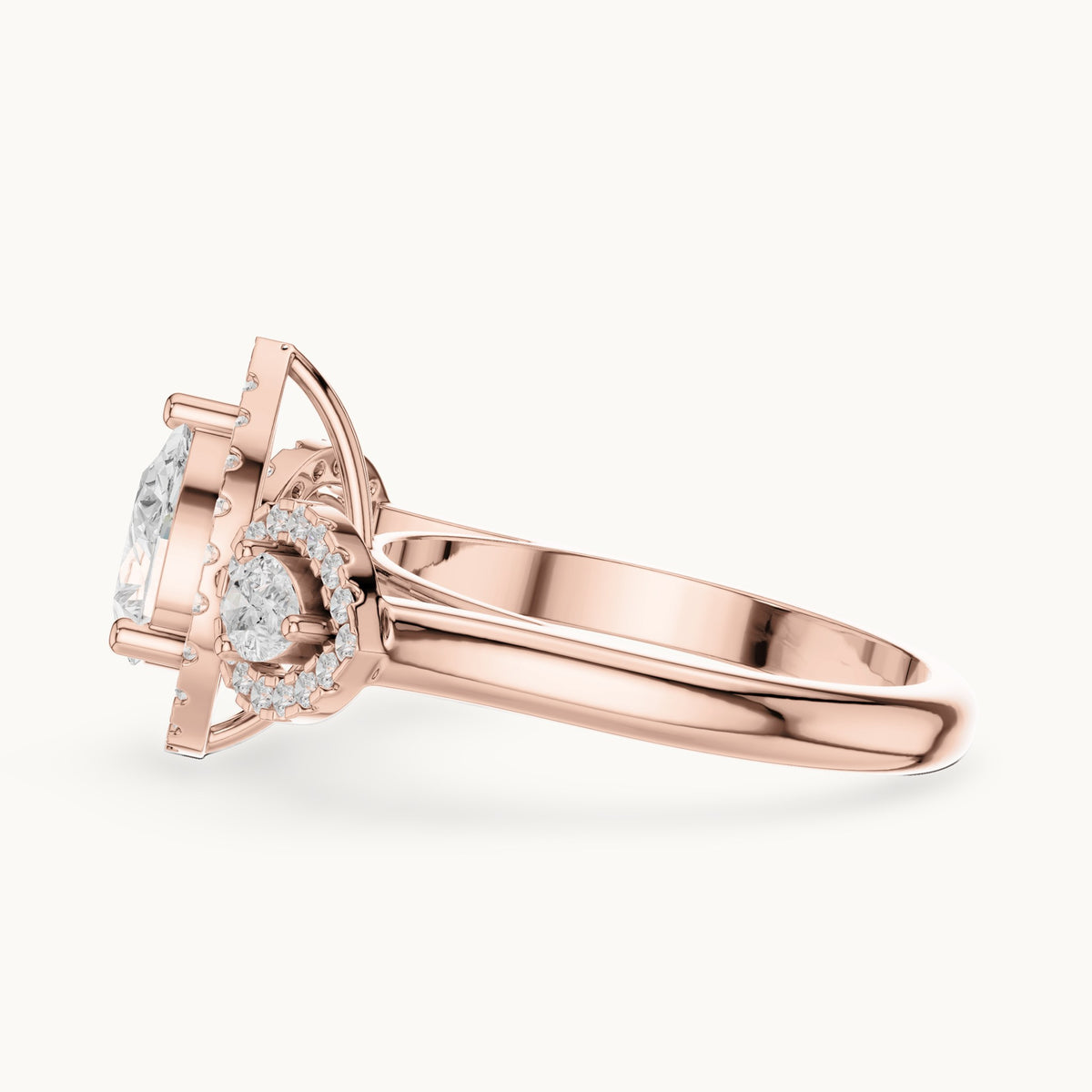 Pear and round lab-grown diamond halo three-stone engagement ring in rose gold, 3.096 CT TW, view 3
