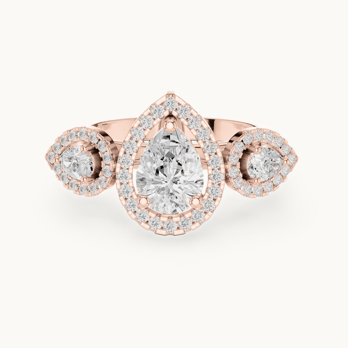 Pear and round lab-grown diamond halo three-stone engagement ring in rose gold, 3.096 CT TW, view 4