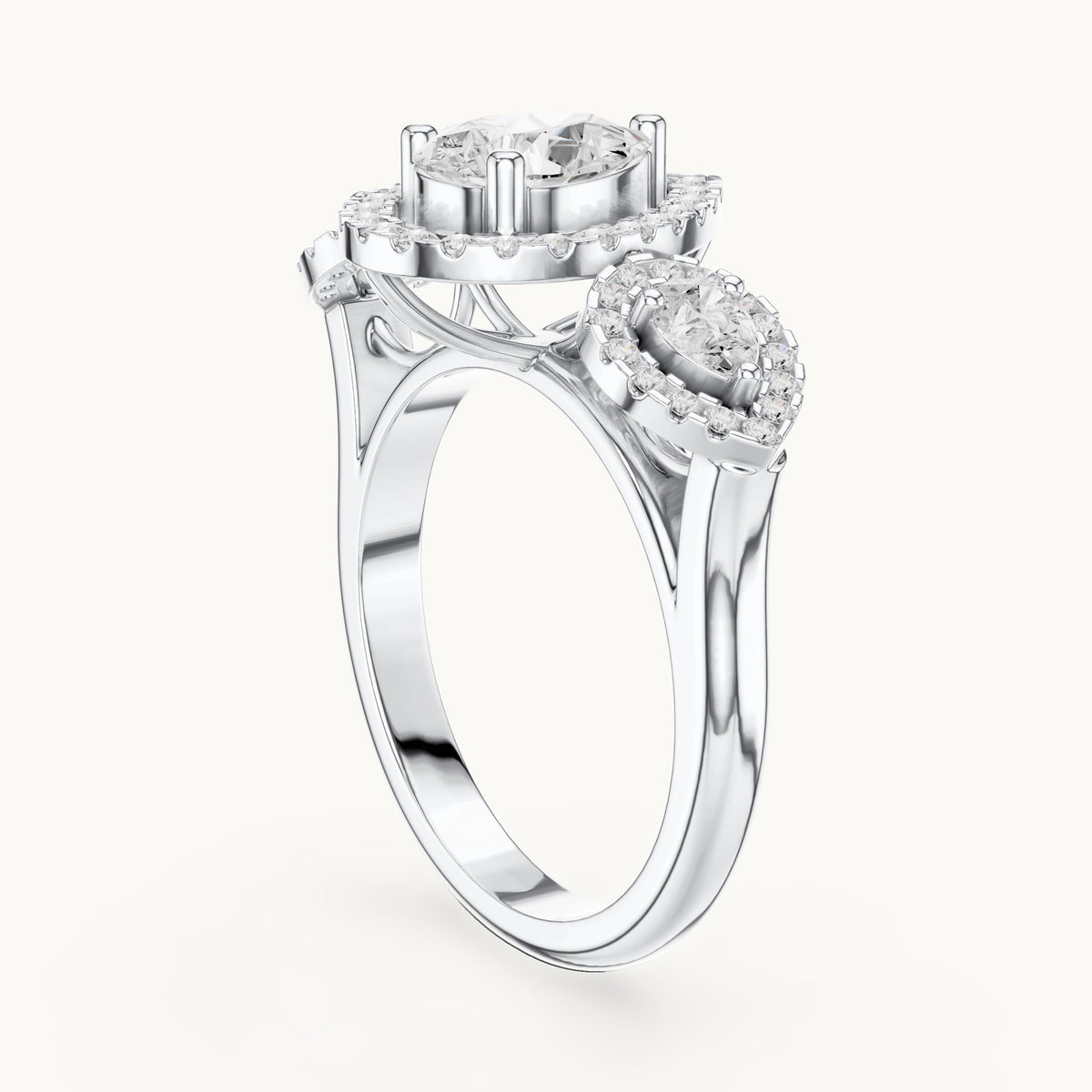 Pear and round lab-grown diamond halo three-stone engagement ring in white gold, 3.096 CT TW, view 1