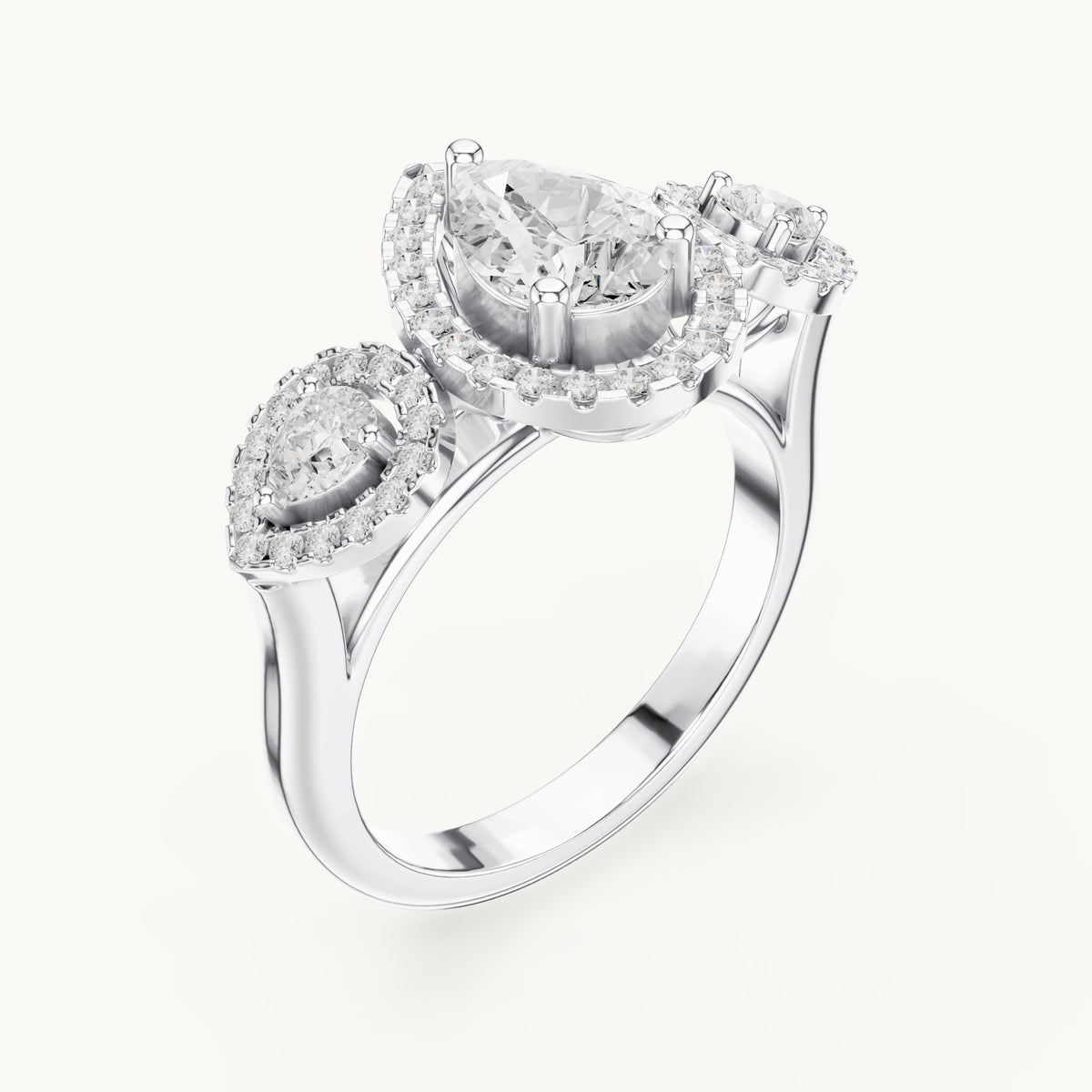 Pear and round lab-grown diamond halo three-stone engagement ring in white gold, 3.096 CT TW, view 2