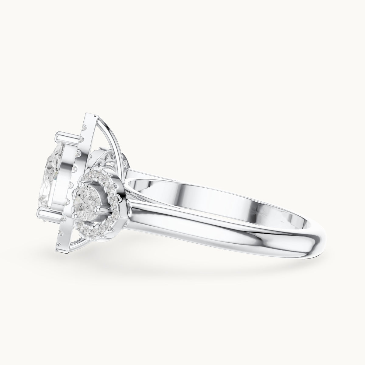Pear and round lab-grown diamond halo three-stone engagement ring in white gold, 3.096 CT TW, view 3