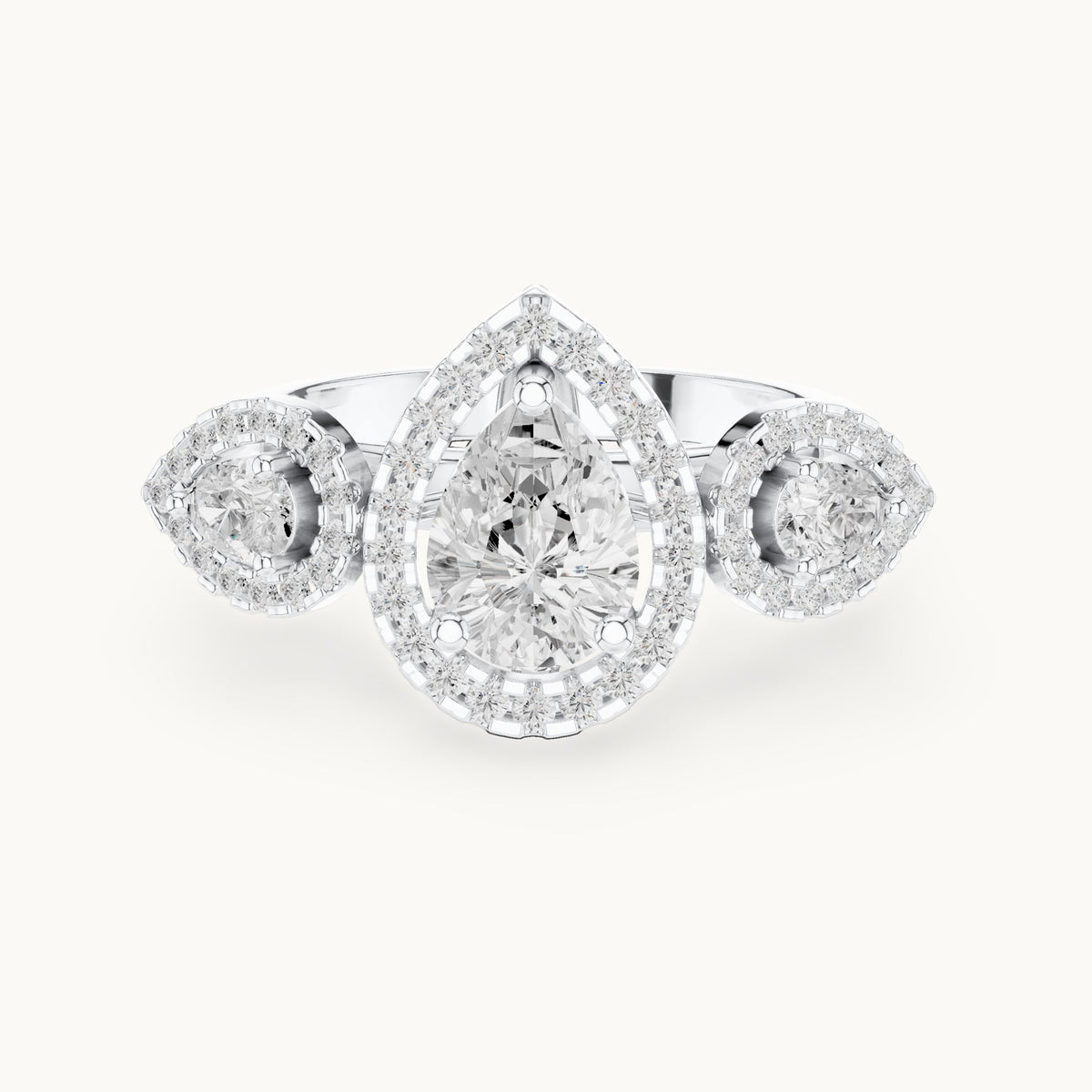 Pear and round lab-grown diamond halo three-stone engagement ring in white gold, 3.096 CT TW, view 4