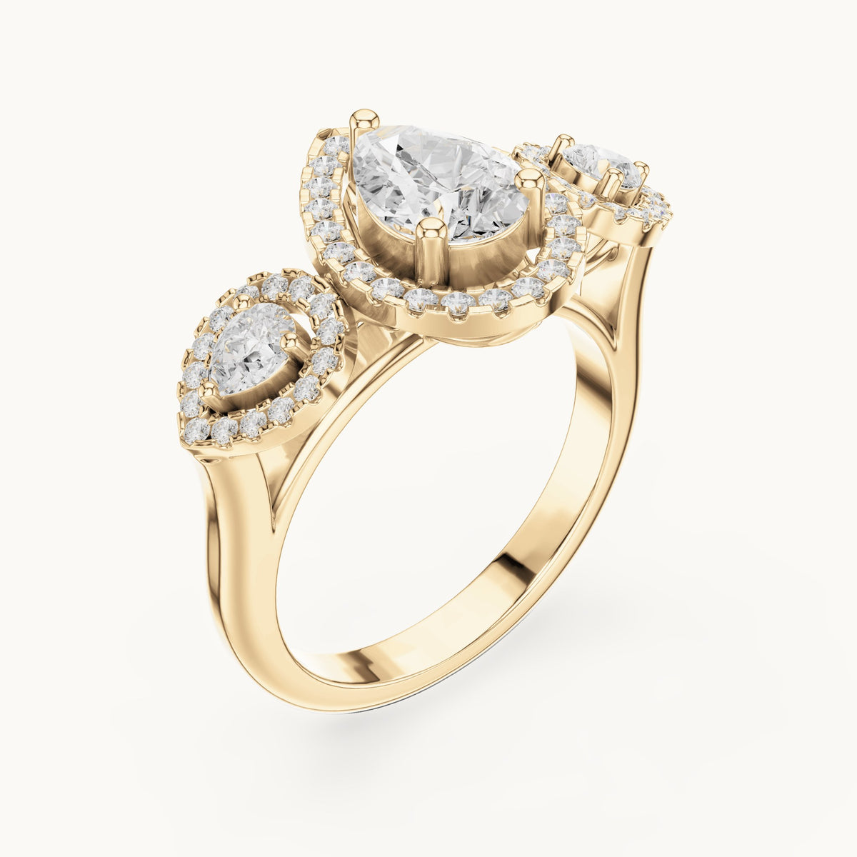 Pear and round lab-grown diamond halo three-stone engagement ring in yellow gold, 3.096 CT TW, view 2