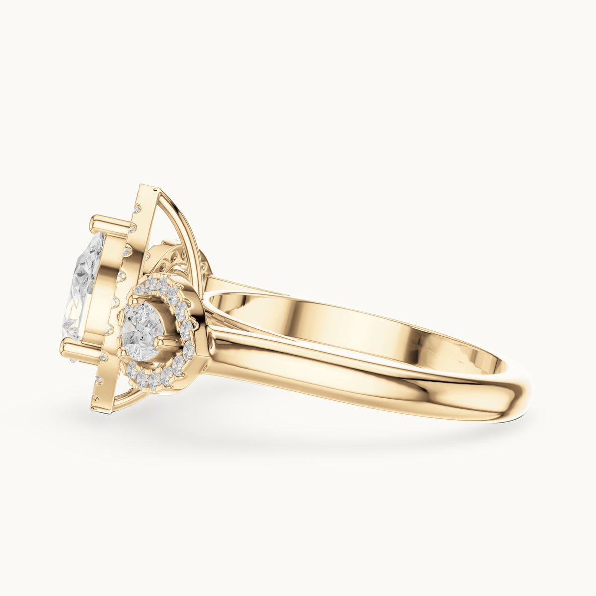 Pear and round lab-grown diamond halo three-stone engagement ring in yellow gold, 3.096 CT TW, view 3