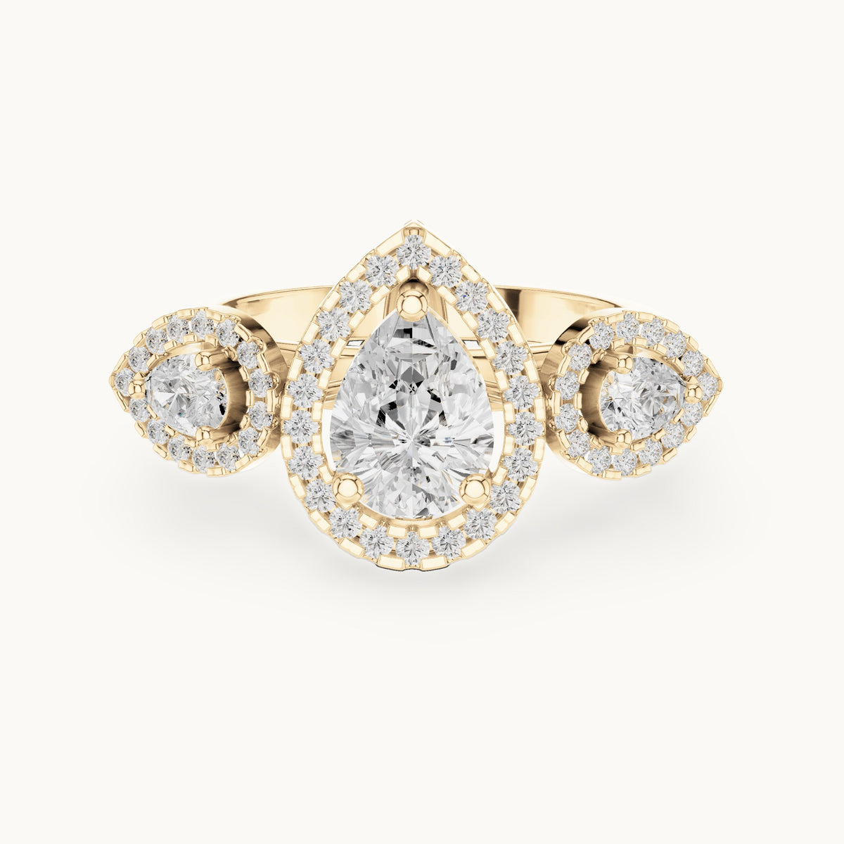 Pear and round lab-grown diamond halo three-stone engagement ring in yellow gold, 3.096 CT TW, view 4