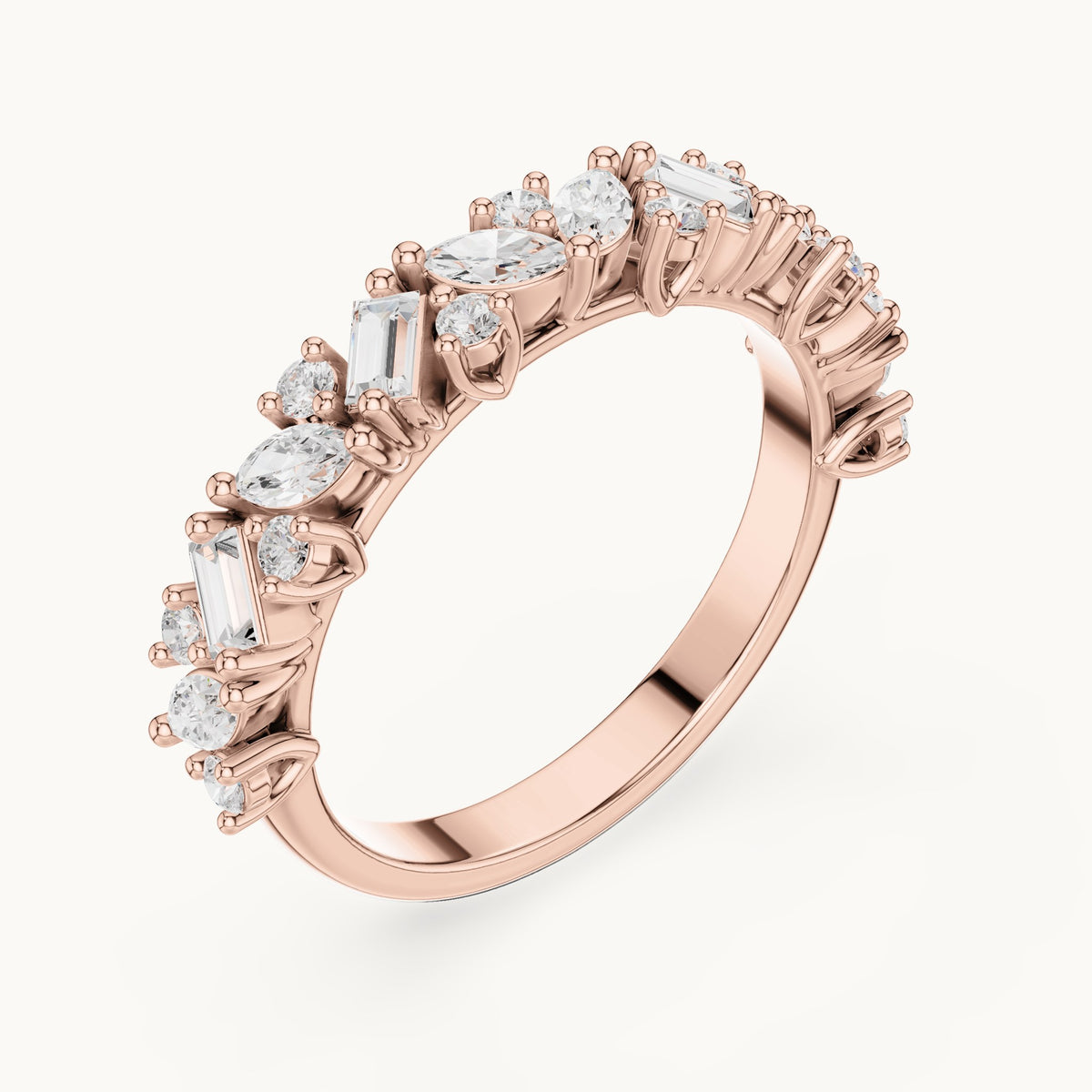 Marquise, baguette and round lab-grown diamond mixed-shape half eternity band in rose gold, 0.705 CT TW, view 2