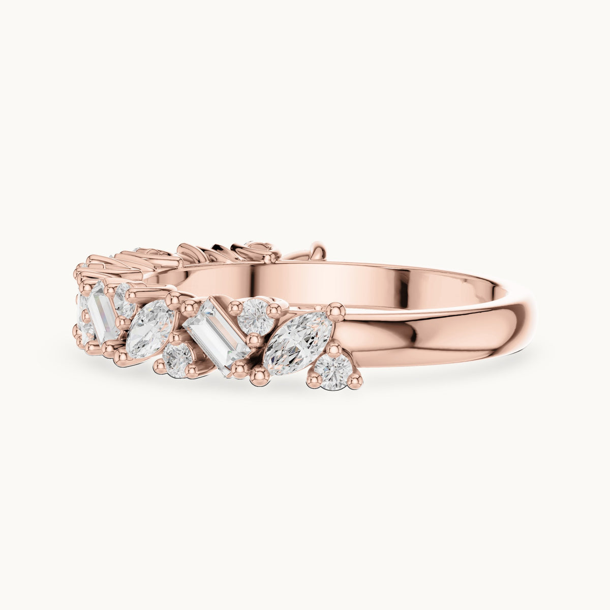 Marquise, baguette and round lab-grown diamond mixed-shape half eternity band in rose gold, 0.705 CT TW, view 3