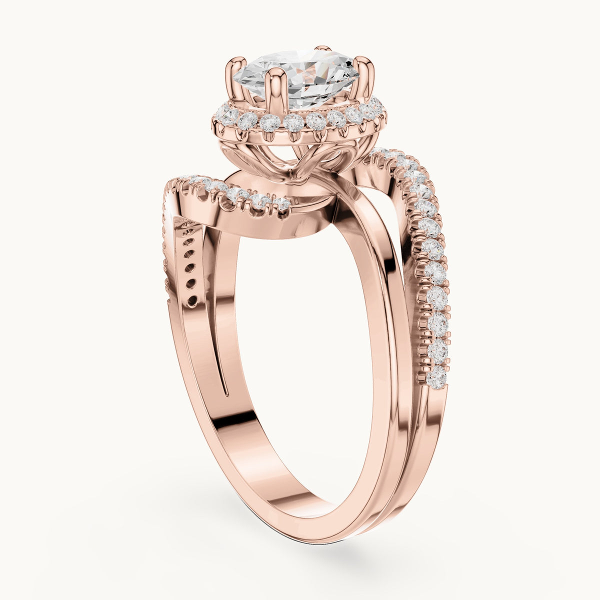 Oval and round lab-grown diamond swirl halo bypass engagement ring in rose gold, 1.844 CT TW, view 1