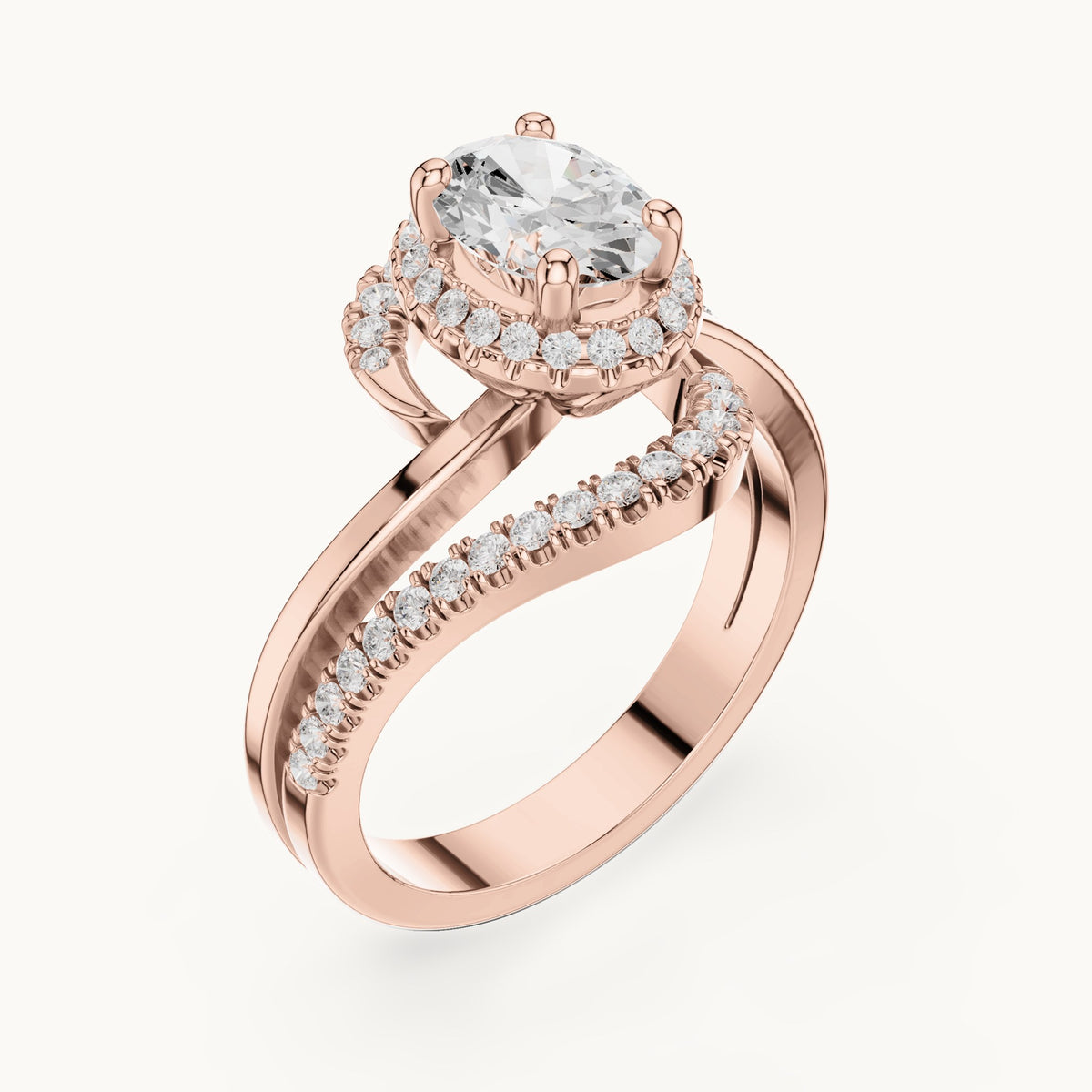 Oval and round lab-grown diamond swirl halo bypass engagement ring in rose gold, 1.844 CT TW, view 2