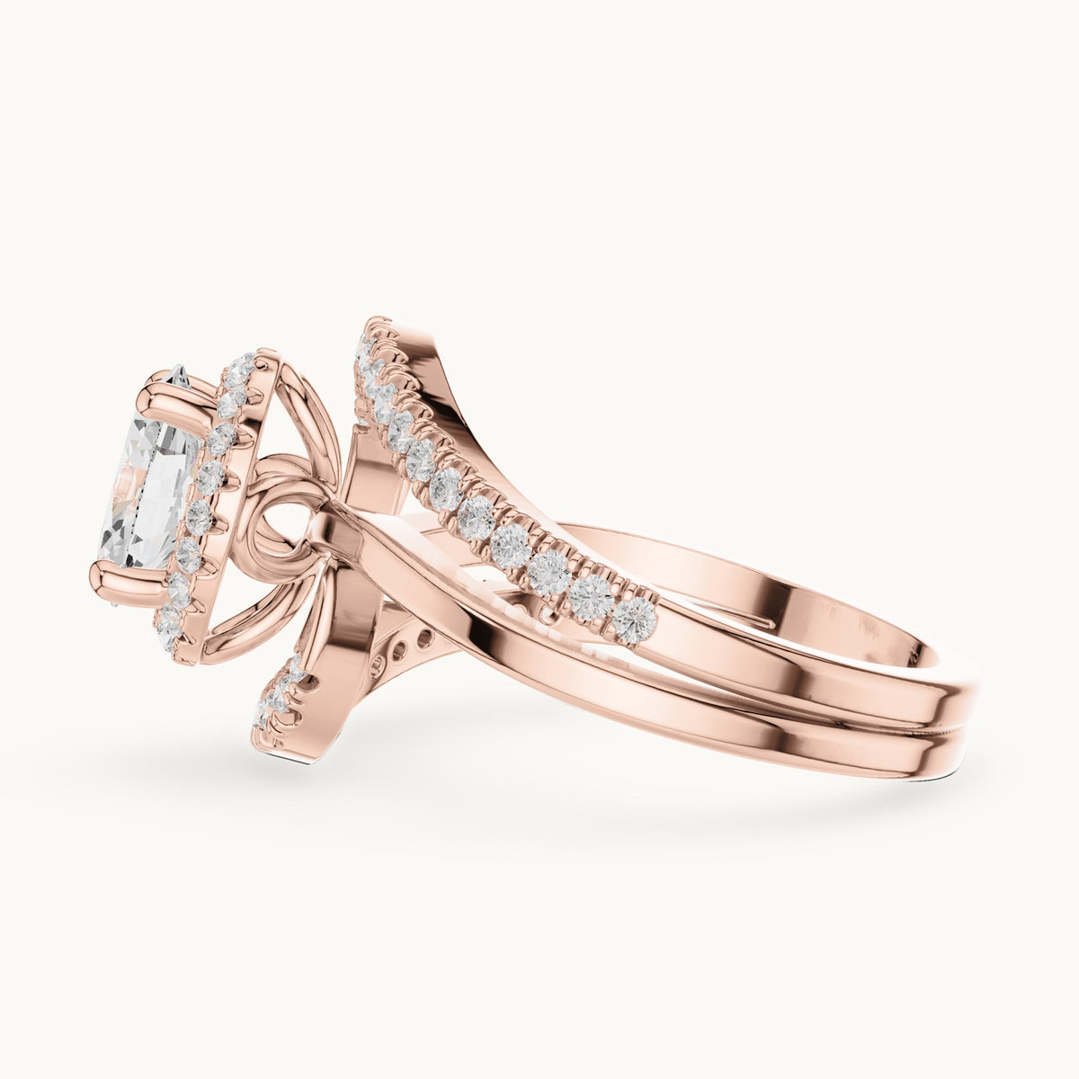 Oval and round lab-grown diamond swirl halo bypass engagement ring in rose gold, 1.844 CT TW, view 3