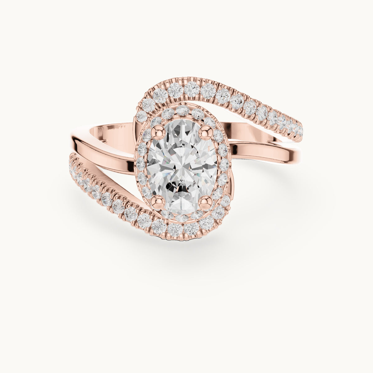 Oval and round lab-grown diamond swirl halo bypass engagement ring in rose gold, 1.844 CT TW, view 4