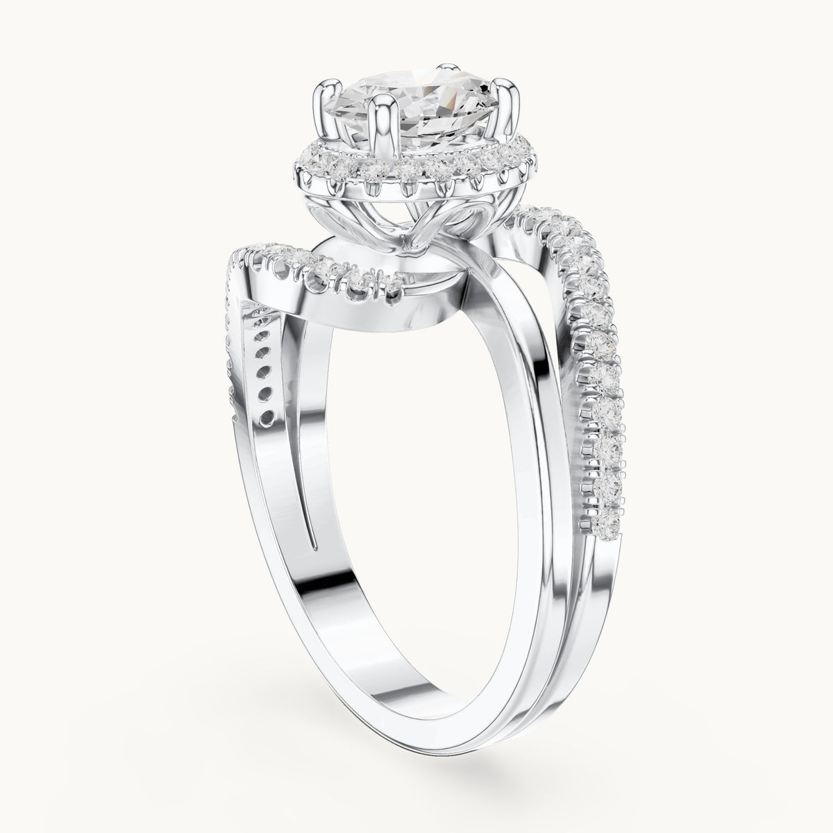 Oval and round lab-grown diamond swirl halo bypass engagement ring in white gold, 1.844 CT TW, view 1