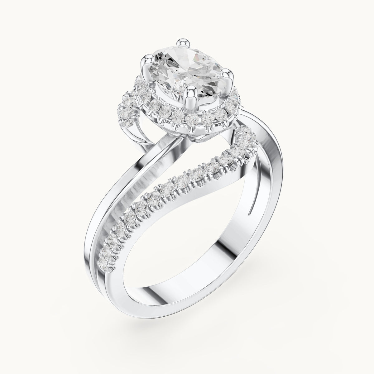 Oval and round lab-grown diamond swirl halo bypass engagement ring in white gold, 1.844 CT TW, view 2