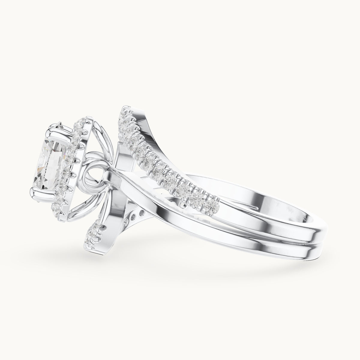 Oval and round lab-grown diamond swirl halo bypass engagement ring in white gold, 1.844 CT TW, view 3