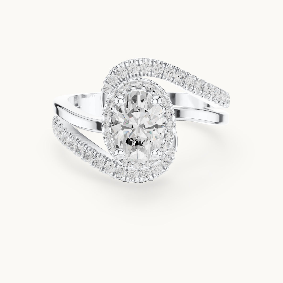 Oval and round lab-grown diamond swirl halo bypass engagement ring in white gold, 1.844 CT TW, view 4