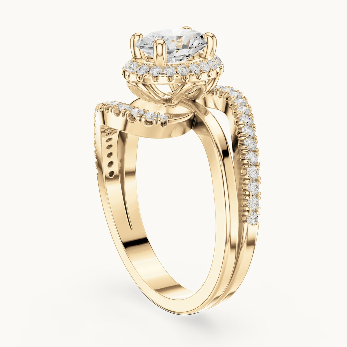 Oval and round lab-grown diamond swirl halo bypass engagement ring in yellow gold, 1.844 CT TW, view 1