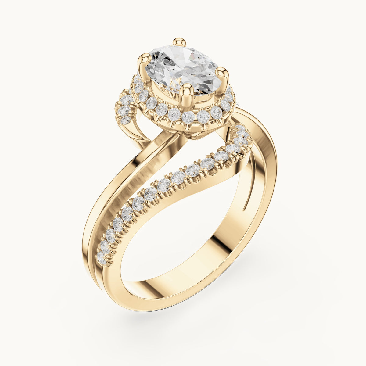 Oval and round lab-grown diamond swirl halo bypass engagement ring in yellow gold, 1.844 CT TW, view 2