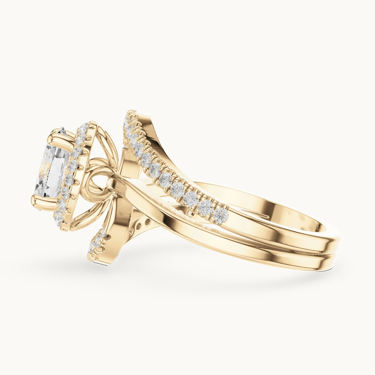 Oval and round lab-grown diamond swirl halo bypass engagement ring in yellow gold, 1.844 CT TW, view 3