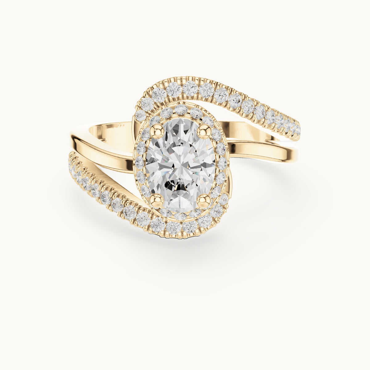 Oval and round lab-grown diamond swirl halo bypass engagement ring in yellow gold, 1.844 CT TW, view 4