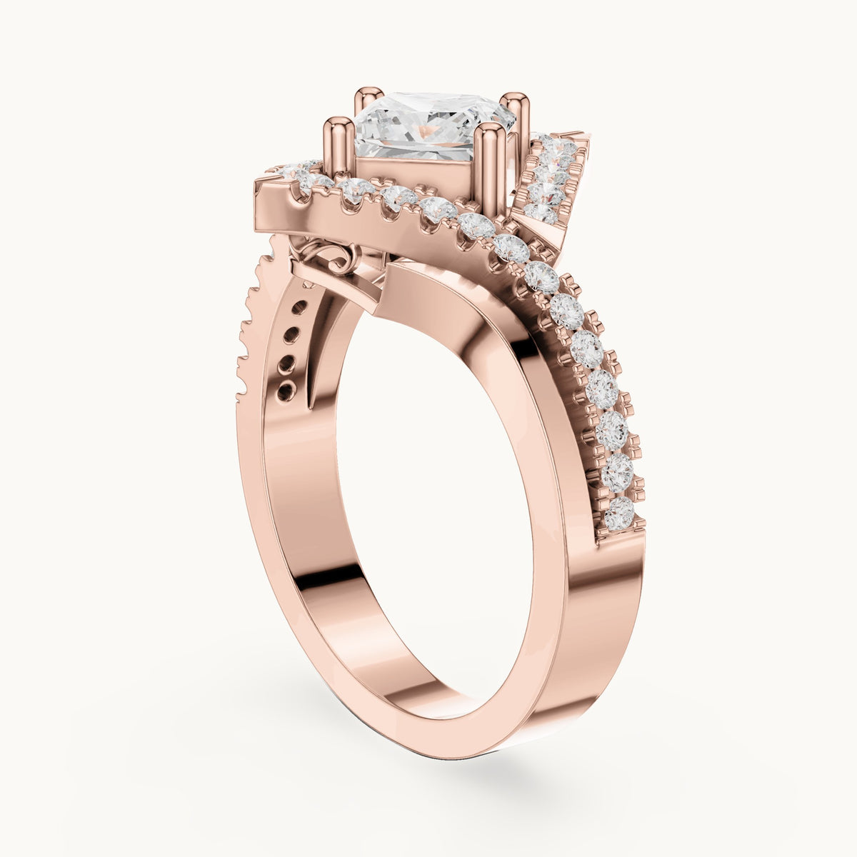 Princess-cut and round lab-grown diamond halo bypass engagement ring in rose gold, 1.36 CT TW, view 1