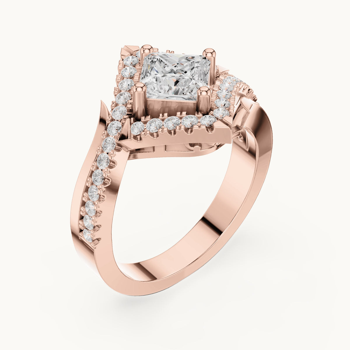 Princess-cut and round lab-grown diamond halo bypass engagement ring in rose gold, 1.36 CT TW, view 2