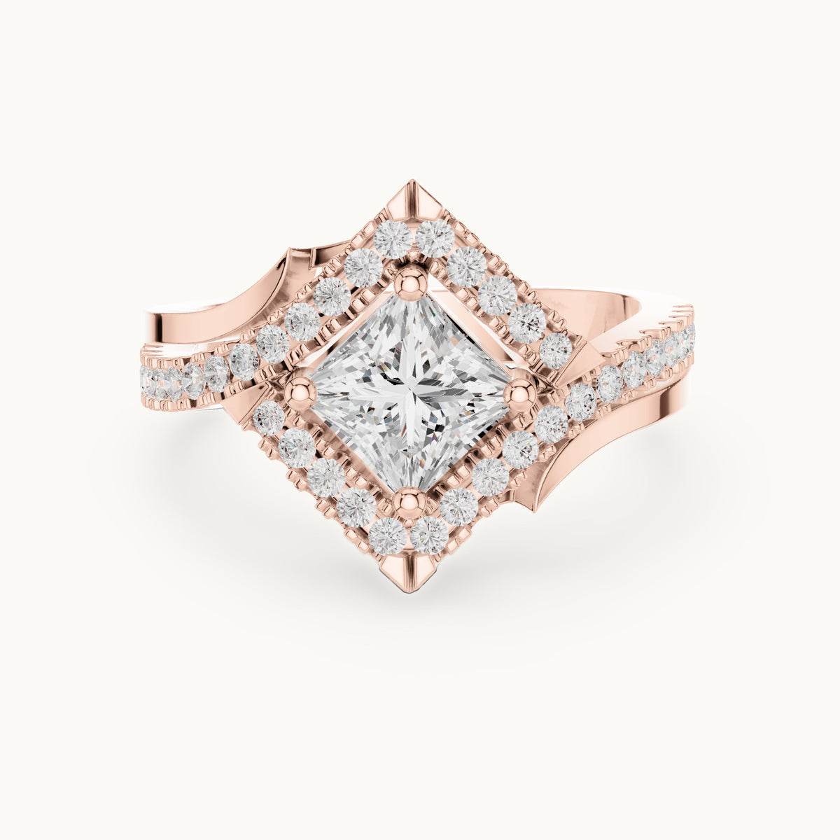 Princess-cut and round lab-grown diamond halo bypass engagement ring in rose gold, 1.36 CT TW, view 4