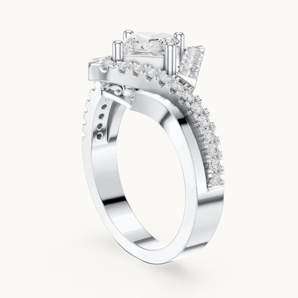 Princess-cut and round lab-grown diamond halo bypass engagement ring in white gold, 1.36 CT TW, view 1