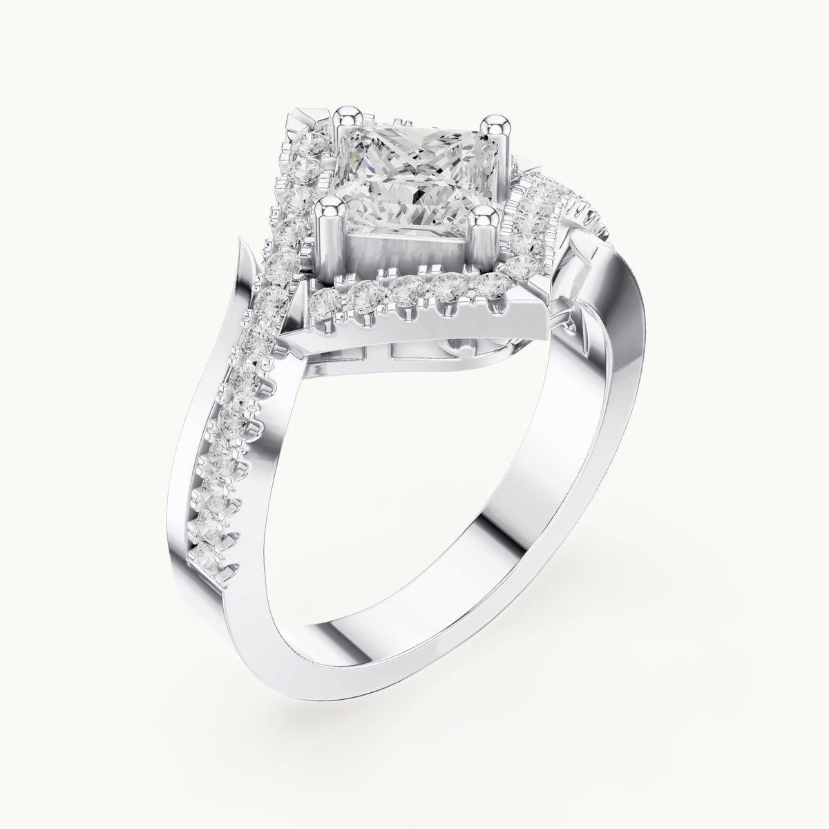 Princess-cut and round lab-grown diamond halo bypass engagement ring in white gold, 1.36 CT TW, view 2