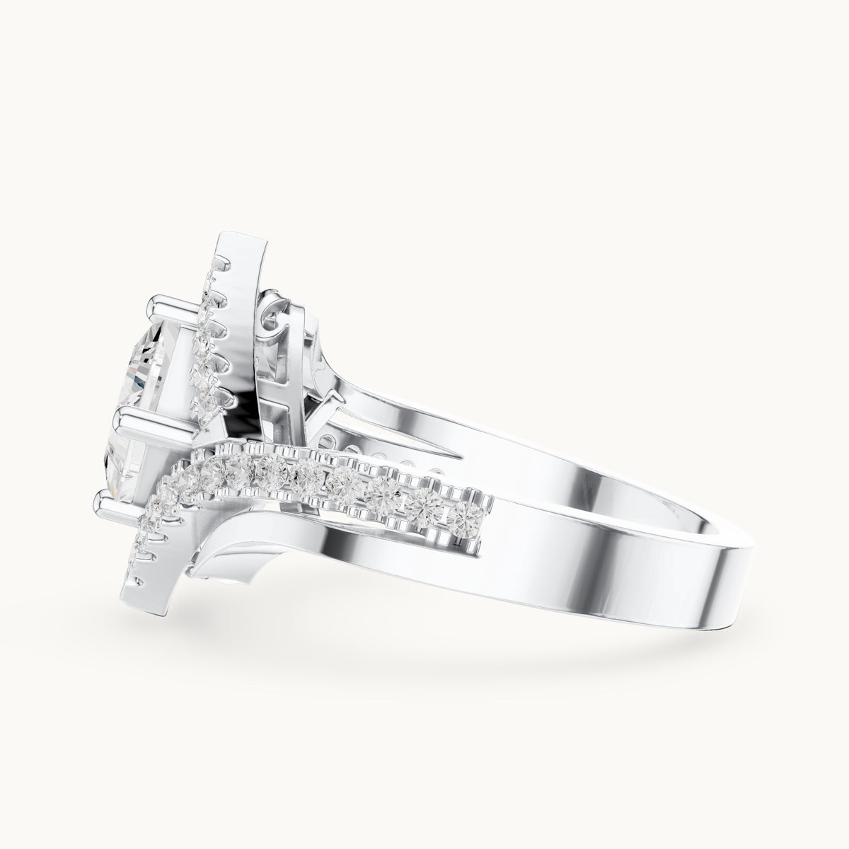 Princess-cut and round lab-grown diamond halo bypass engagement ring in white gold, 1.36 CT TW, view 3