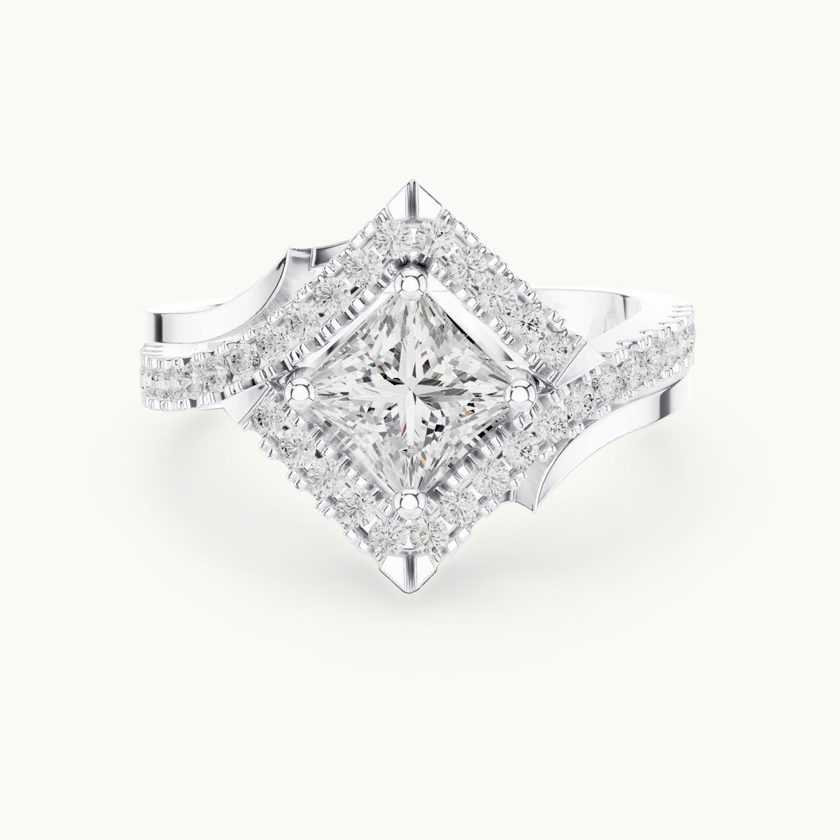 Princess-cut and round lab-grown diamond halo bypass engagement ring in white gold, 1.36 CT TW, view 4