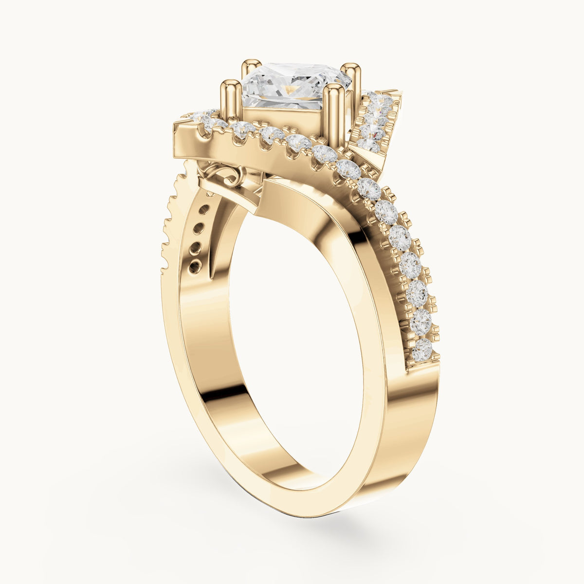 Princess-cut and round lab-grown diamond halo bypass engagement ring in yellow gold, 1.36 CT TW, view 1