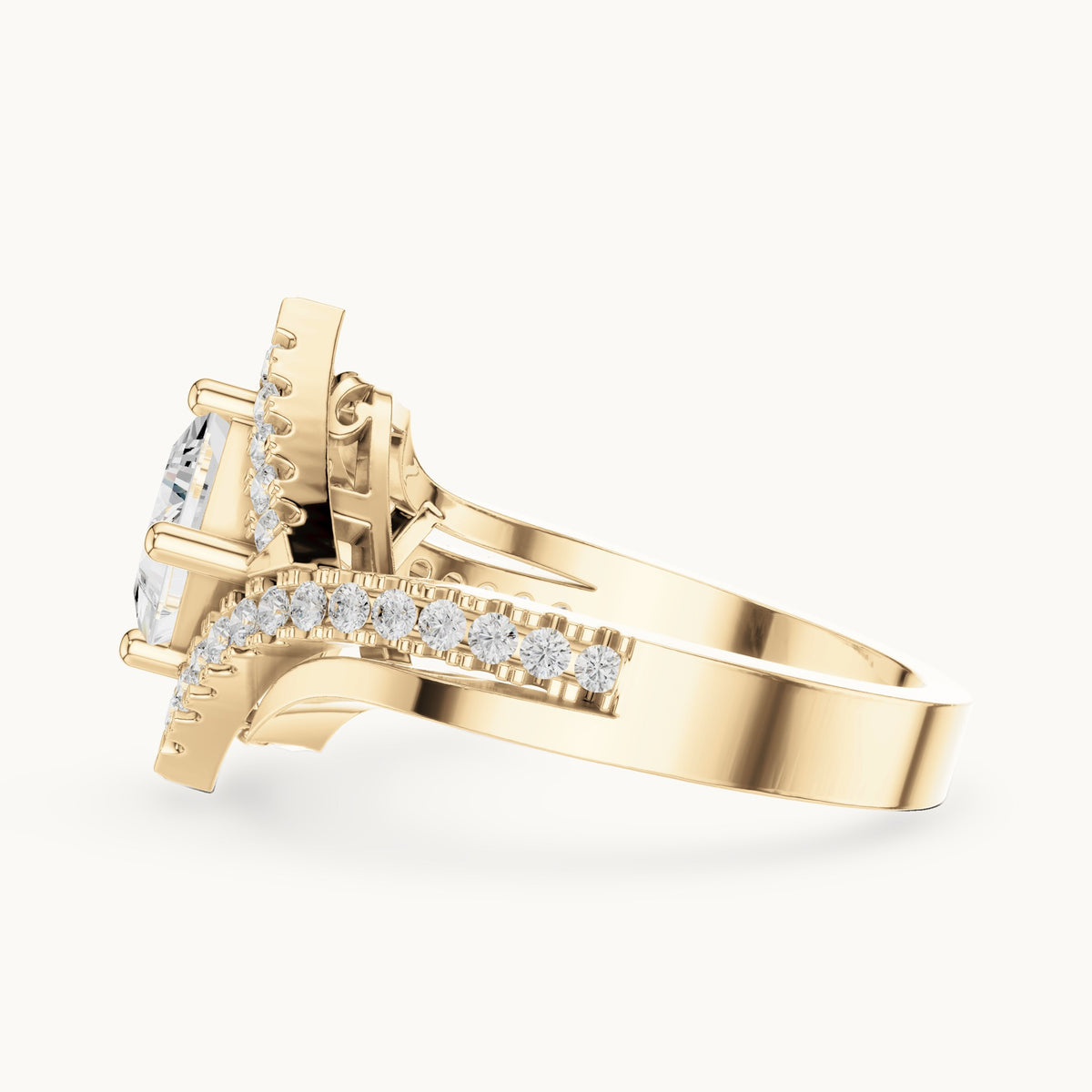 Princess-cut and round lab-grown diamond halo bypass engagement ring in yellow gold, 1.36 CT TW, view 3