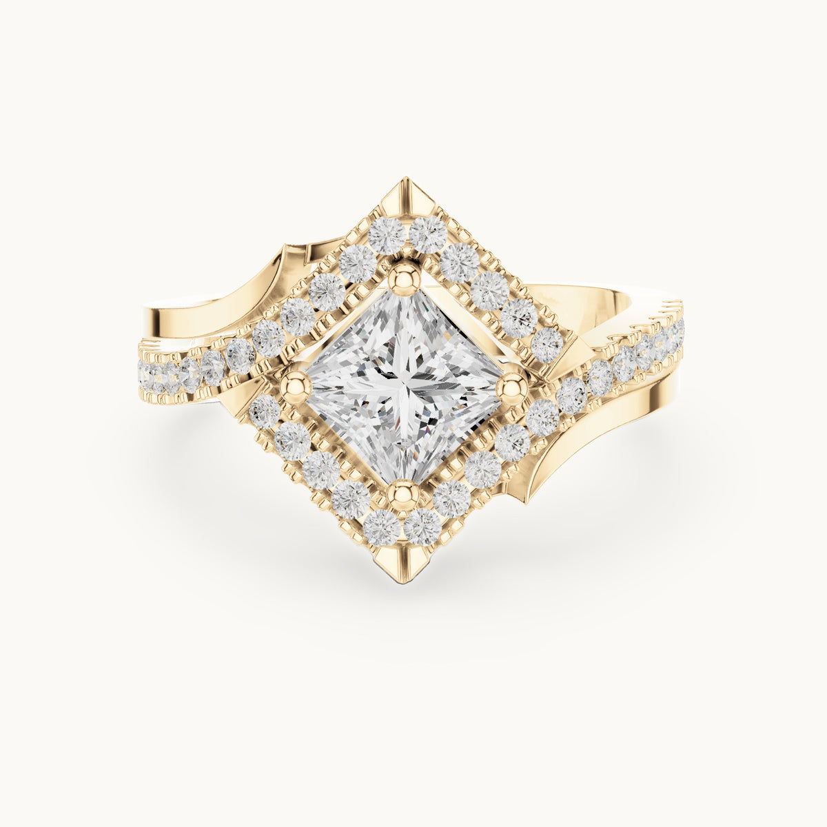 Princess-cut and round lab-grown diamond halo bypass engagement ring in yellow gold, 1.36 CT TW, view 4