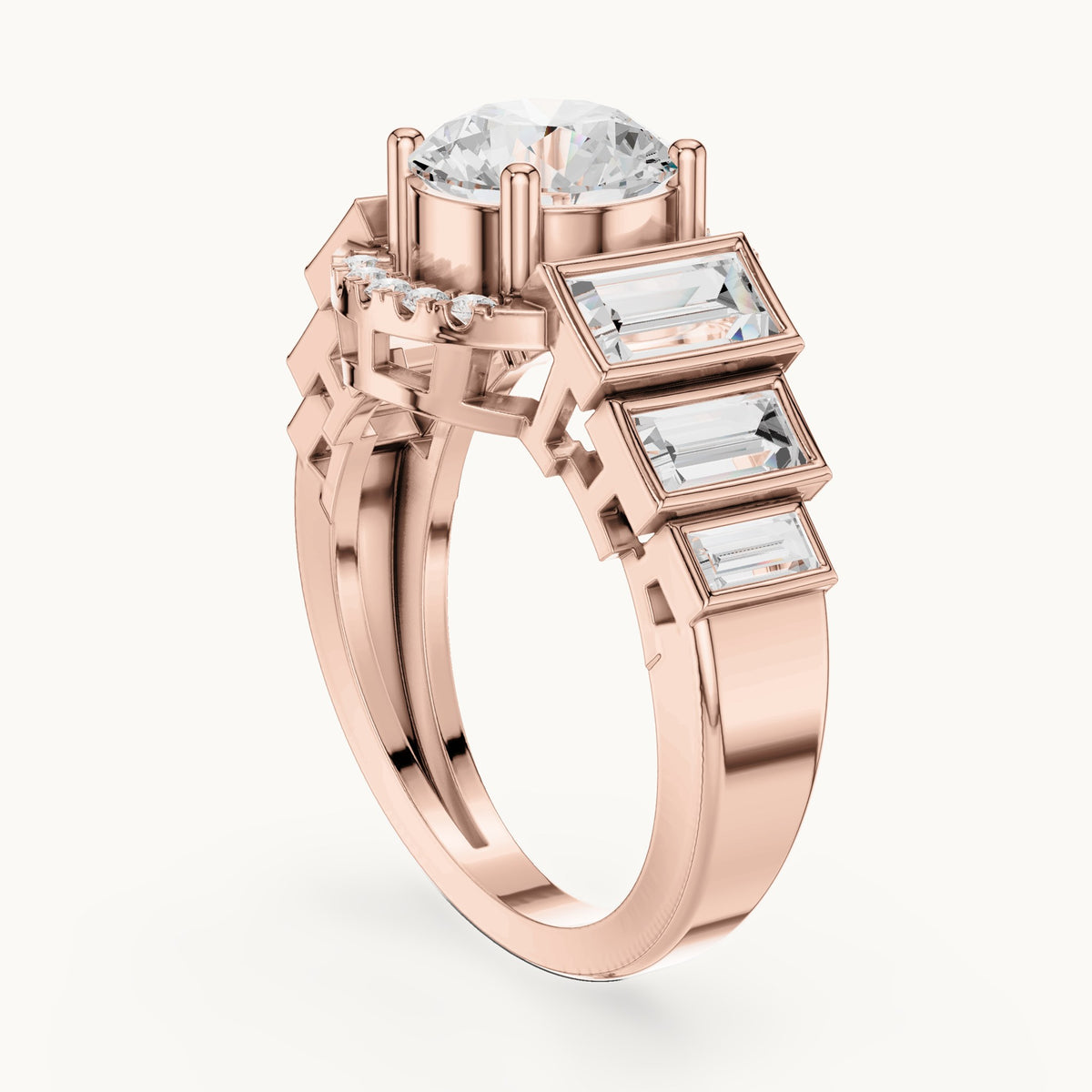 Round and baguette lab-grown diamond halo engagement ring with baguette shoulders in rose gold, 3.43 CT TW, view 1