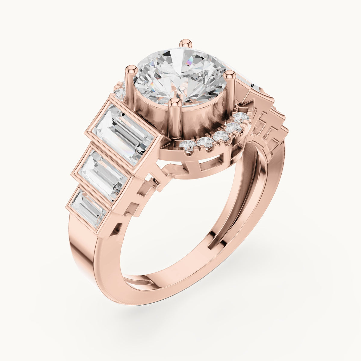 Round and baguette lab-grown diamond halo engagement ring with baguette shoulders in rose gold, 3.43 CT TW, view 2