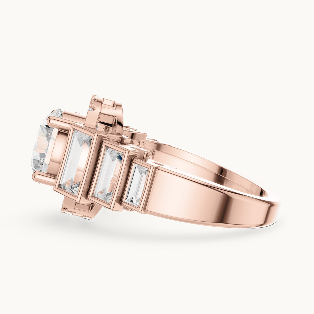 Round and baguette lab-grown diamond halo engagement ring with baguette shoulders in rose gold, 3.43 CT TW, view 3