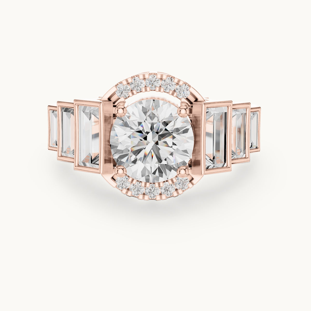 Round and baguette lab-grown diamond halo engagement ring with baguette shoulders in rose gold, 3.43 CT TW, view 4