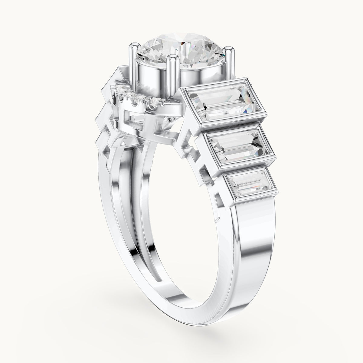 Round and baguette lab-grown diamond halo engagement ring with baguette shoulders in white gold, 3.43 CT TW, view 1