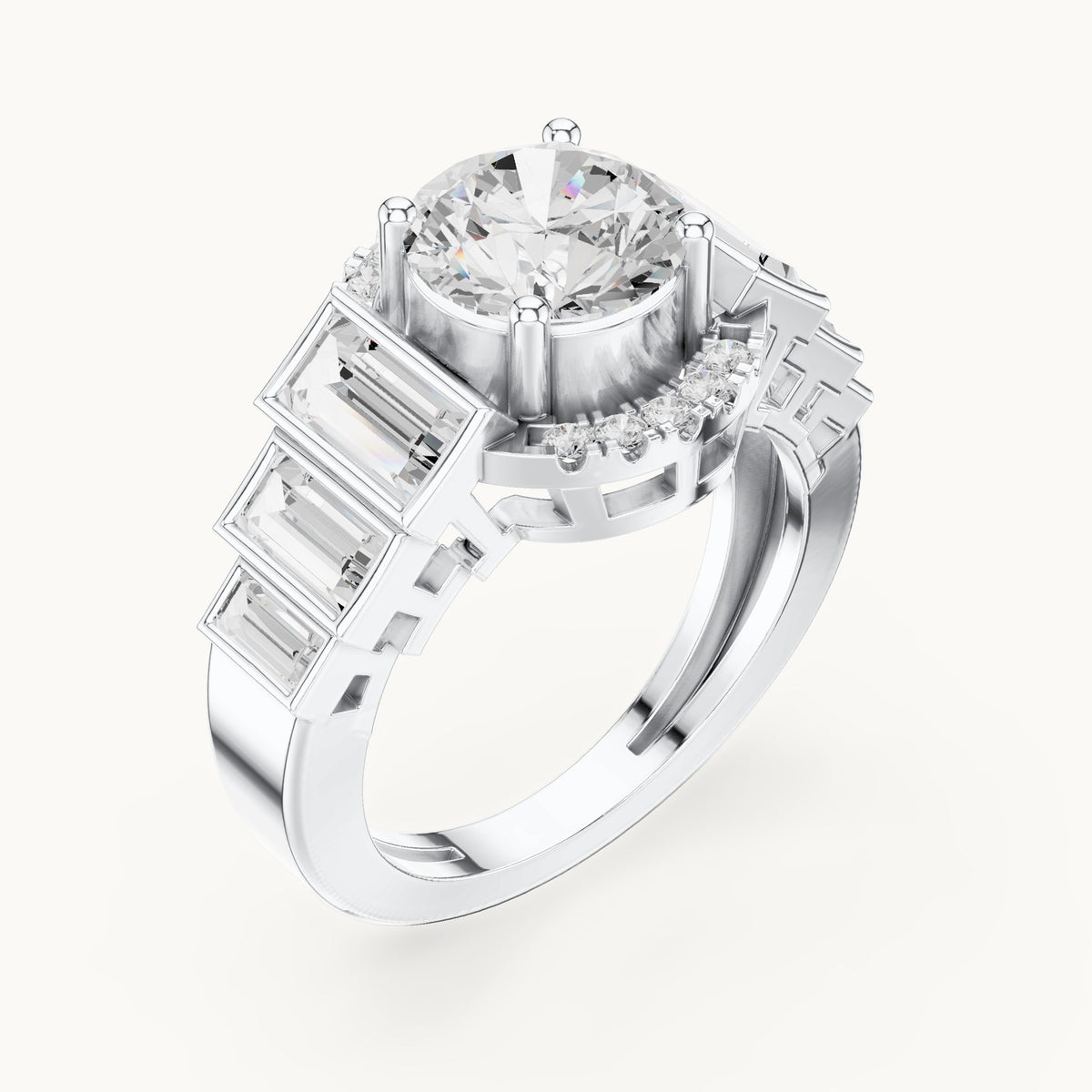 Round and baguette lab-grown diamond halo engagement ring with baguette shoulders in white gold, 3.43 CT TW, view 2