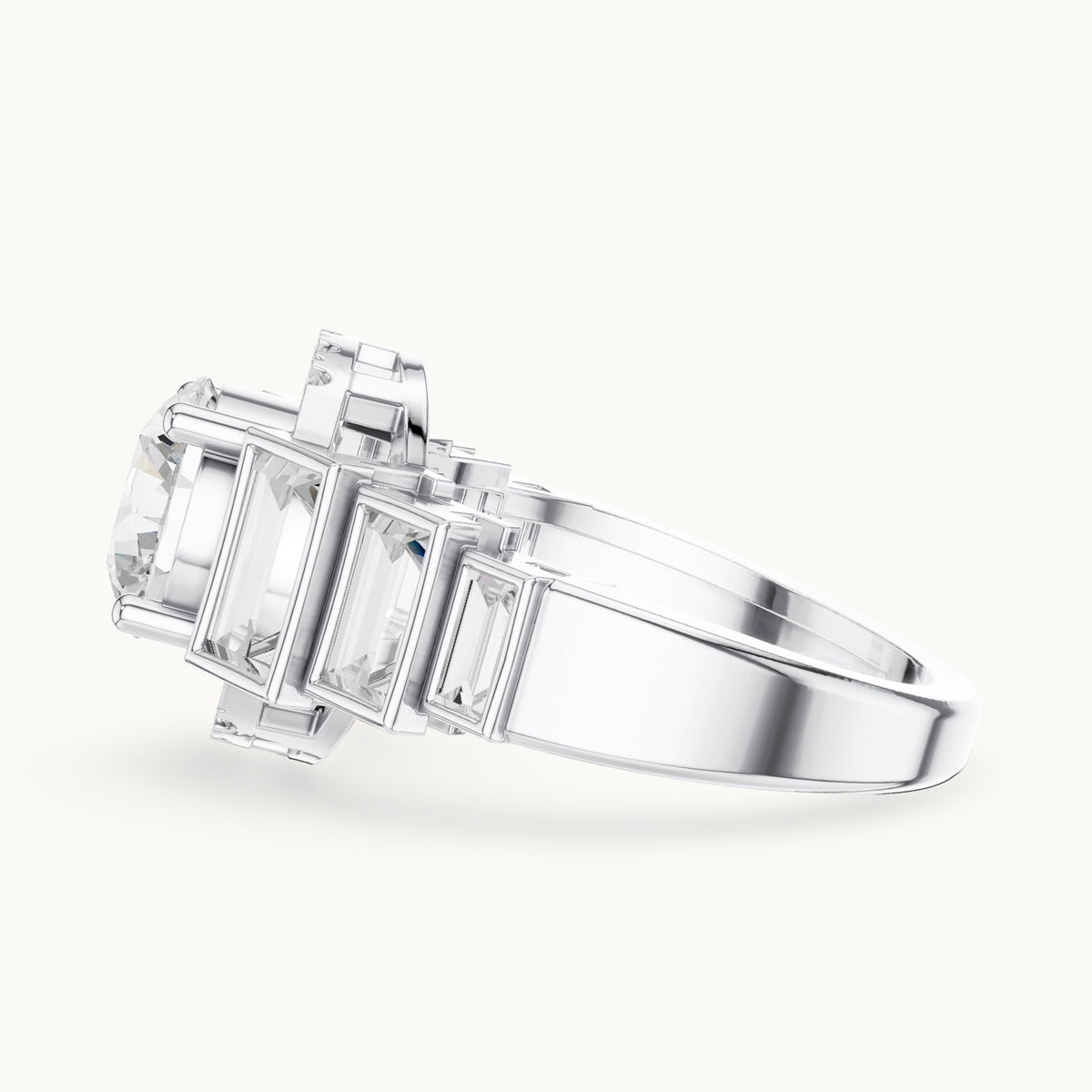 Round and baguette lab-grown diamond halo engagement ring with baguette shoulders in white gold, 3.43 CT TW, view 3
