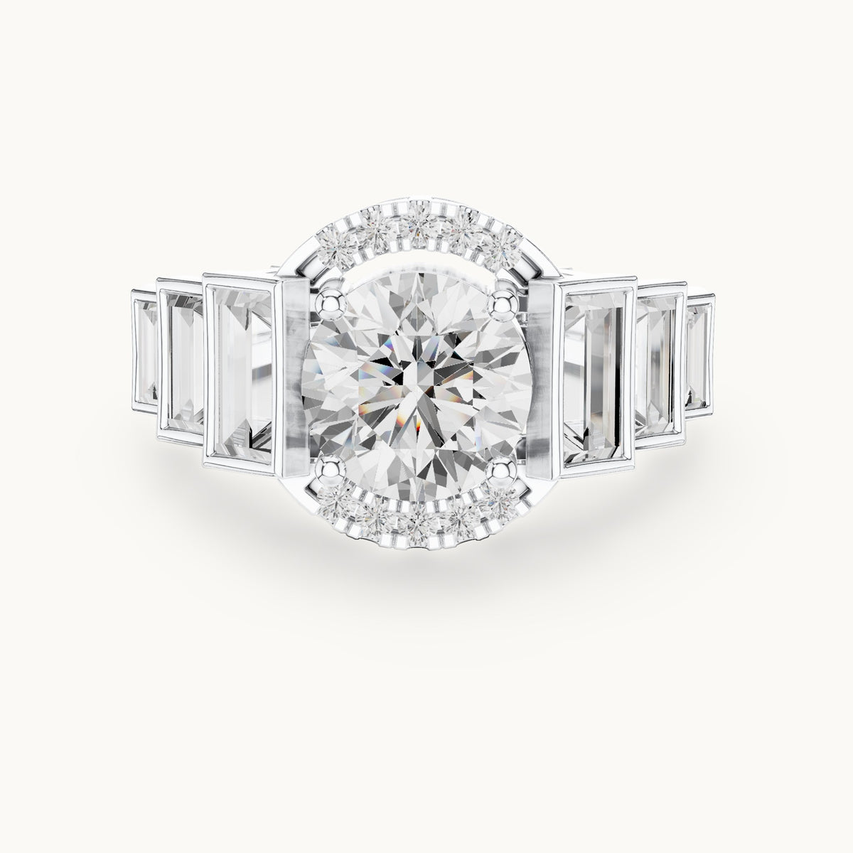 Round and baguette lab-grown diamond halo engagement ring with baguette shoulders in white gold, 3.43 CT TW, view 4