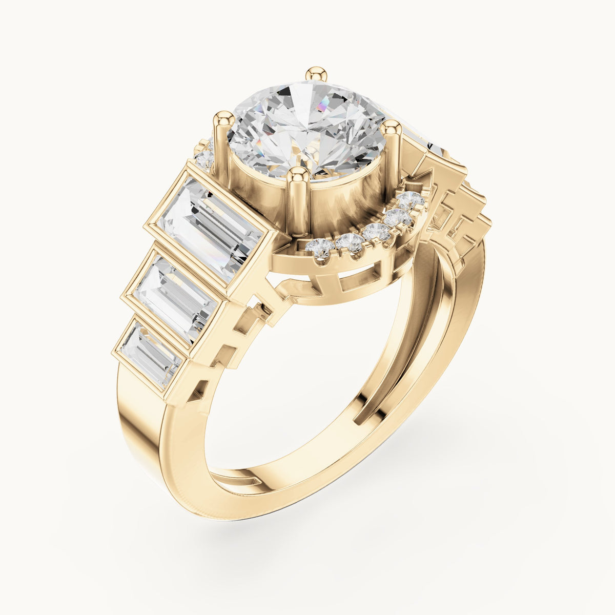 Round and baguette lab-grown diamond halo engagement ring with baguette shoulders in yellow gold, 3.43 CT TW, view 2