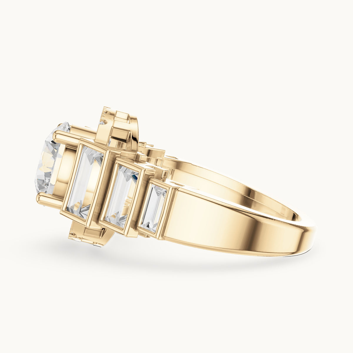 Round and baguette lab-grown diamond halo engagement ring with baguette shoulders in yellow gold, 3.43 CT TW, view 3