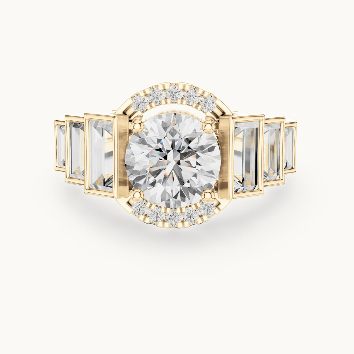 Round and baguette lab-grown diamond halo engagement ring with baguette shoulders in yellow gold, 3.43 CT TW, view 4