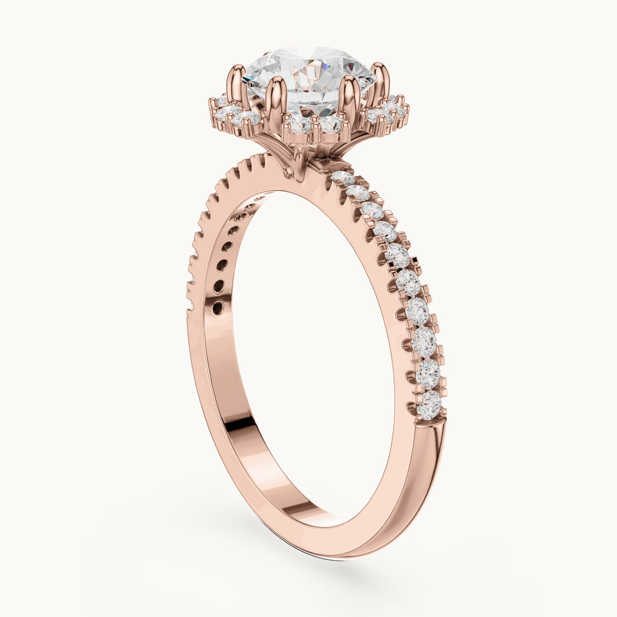 Round lab-grown diamond flower halo engagement ring with pavé band in rose gold, 1.29 CT TW, view 1